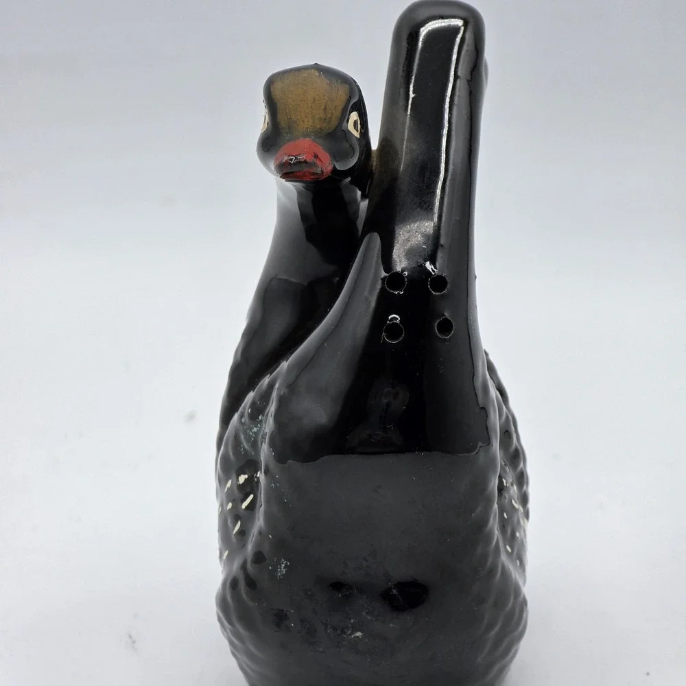 Black‎ Swan Double Salt Pepper Shaker Ceramic Figural Hand Painted with Corks